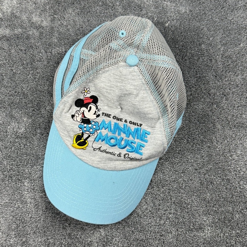 Disney Parks Minnie Mouse Trucker Hat Light Blue Grey Embroidered Mesh Cap Adult